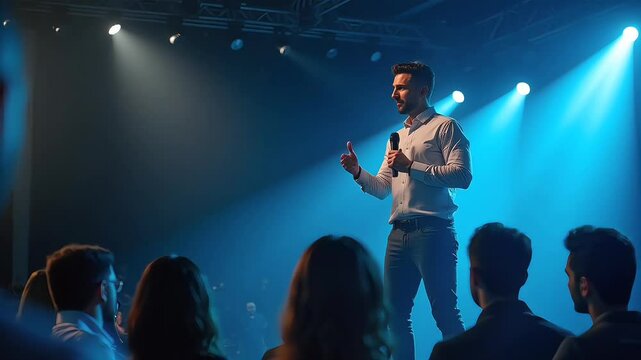 Man giving speech on stage under blue spotlight  
