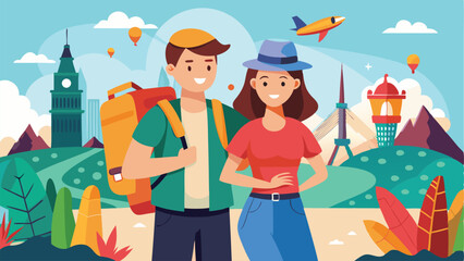 Cartoon Tourist Couple with Backpack Traveling Past Famous Landmarks and Hot Air Balloons Illustration