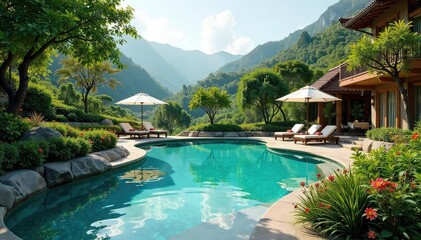 Obraz premium Luxurious spring resort nestled in a vibrant landscape, featuring a pristine pool and lush greenery Enjoy the tranquil atmosphere and stunning natural beauty , water, escape