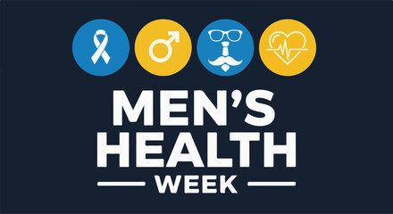 Flat vector banner or poster template for Men's Health Week, observed annually in June. Clean, modern design suitable for cards, placards, and awareness materials promoting men's wellness.