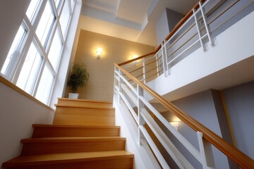 Interior view of a bright and modern stairway with light wood steps and white railings leading