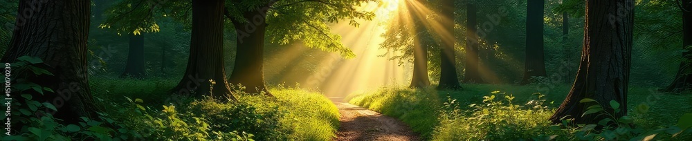 Wall mural sun-dappled forest path winds through ancient trees, sunlight filtering through leaves, creating a m