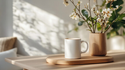 Cozy morning with a mug of coffee and a vase of flowers on a wooden table by a sunlit window