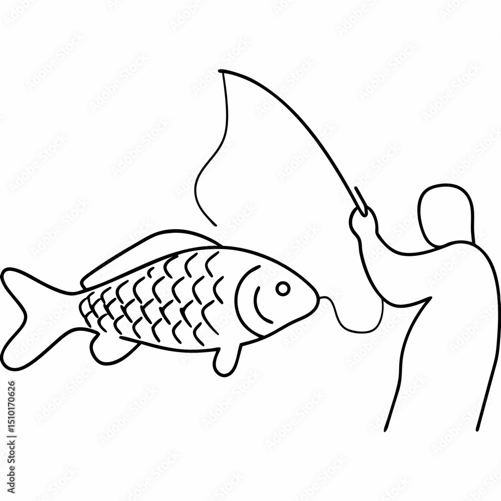 Aufkleber a simple outline illustration of a fisherman catching a fish in a minimal line art style ready for m