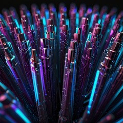 A futuristic bundle of glowing fiber optic cables