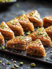 Photo of traditional baklava pastries arranged neatly, showcasing golden flaky layers and sprinkled with crushed pistachios