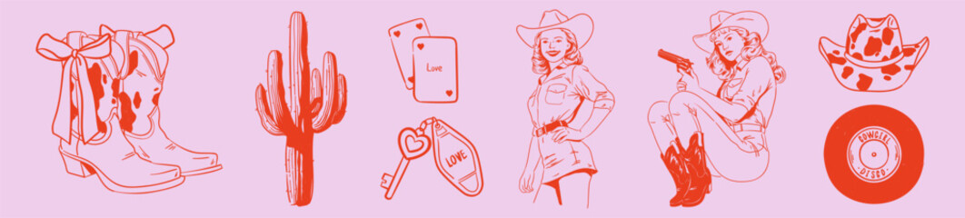 Retro American Cowgirl set. Hand drawn doodle drawing with Western, Vegas disco elements. Woman, cowboy boots, hat, cards,vinyl record,room key. American Wild West Vector illustration for girly party.