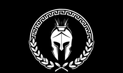 Greek spartan helmet silhouette with laurel wreath and greek key isolated on transparent background