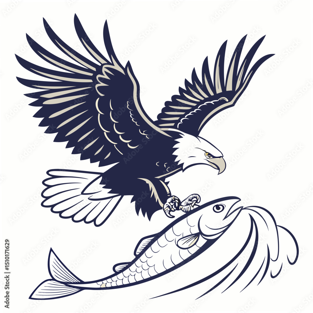 Poster powerful bald eagle swooping down to catch a fish with dynamic wingspan illustration in a flat style