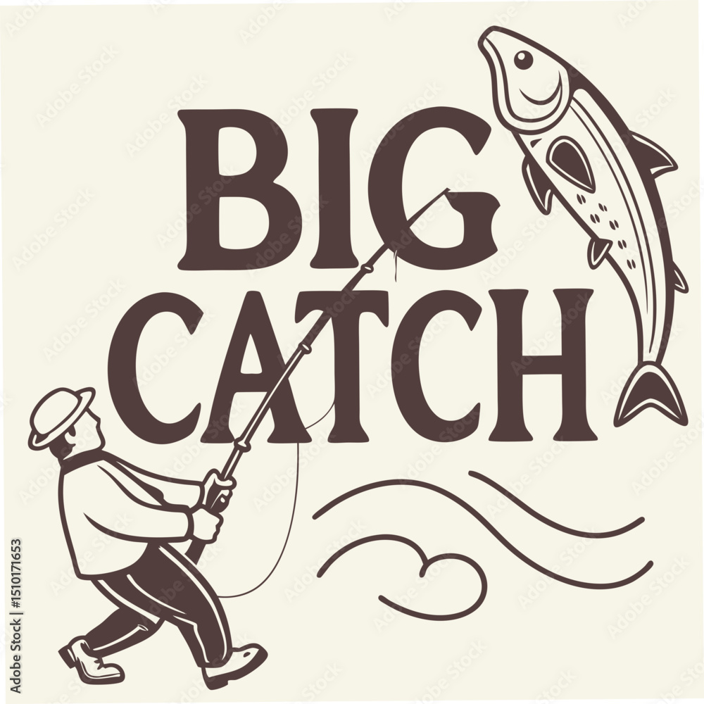 Poster retro style illustration of a big catch depicting a fisherman with fish and text design for various 