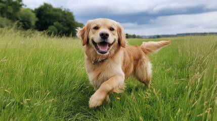 Golden retriever enjoys a sunny day running through a lush green field with a joyful expression