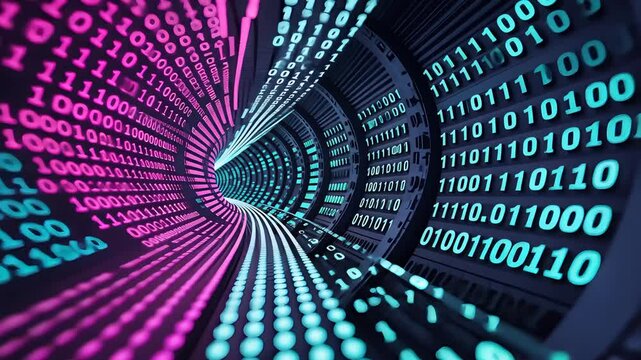 Colorful binary code tunnel with glowing neon ones and zeros in pink and blue tones representing digital data flow and futuristic technology

