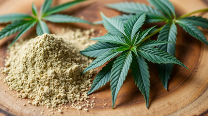 Hemp Flour and Cannabis Leaves on Wooden Board