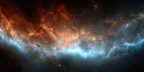 Obraz premium A vast cosmic nebula with swirling blue and orange clouds, filled with stars and deep space elements.