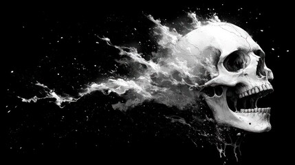 Skull exploding with liquid splash on black background