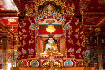 White Buddha Statue Inside Chapel at Wat Maha That Wachiramongkol (Wat Bang Thong), Phang Nga, Thailand – Serene Interior of a Sacred Temple