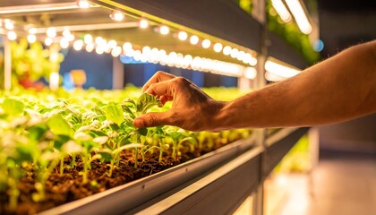 A person’s hand illuminating young green plants in a greenhouse or vertical farm, concept of sustainable agriculture, warm LED light.