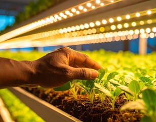 A person’s hand illuminating young green plants in a greenhouse or vertical farm, concept of sustainable agriculture, warm LED light.