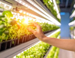 Modern agrotechnology: greens growing under a warm LED lamp, farmer’s hand in the background, eco-friendly production.