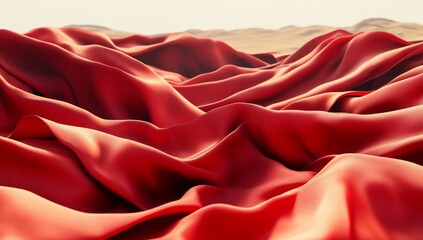 Digital artwork featuring an abstract design with a soaring fabric and spherical red curtain set against a white background, illustrating folded cloth and ile cover