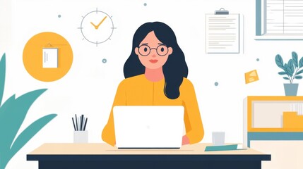 Illustration of focused woman working from home at her desk with laptop