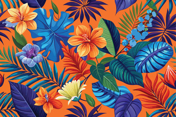 Colorful tropical floral pattern featuring hibiscus, leaves, and other exotic plant elements perfect for design