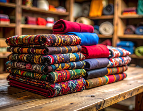 Layers of vibrant kitenge fabric folded neatly on a wooden table in an artisan�s studio.