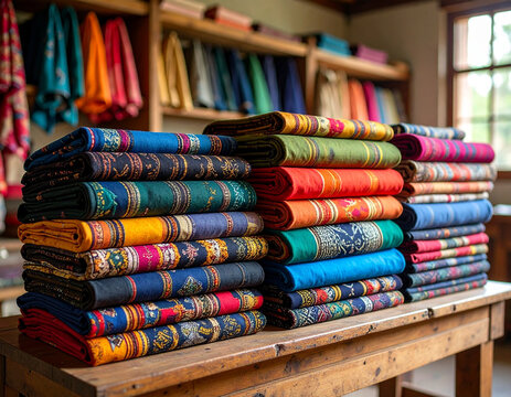 Layers of vibrant kitenge fabric folded neatly on a wooden table in an artisan�s studio.