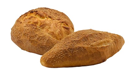 Photo of two golden-brown loaves of freshly baked sesame bread with a crusty exterior, isolated on a white background.