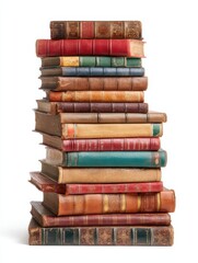 A 4K photo of towering Collection of Vintage Books: A Stacked Treasure of Knowledge and History on white background.