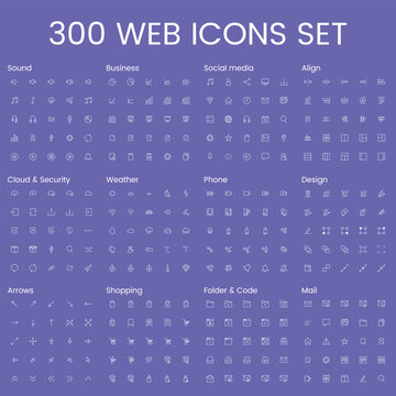A comprehensive set of 300 web icons on a purple background