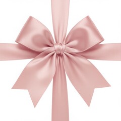 Close up of a shiny pink satin bow with ribbons on a plain white background