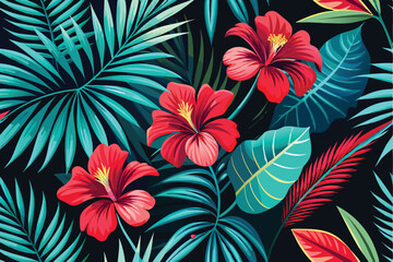 Tropical floral pattern of red hibiscus flowers and vibrant turquoise palm leaves on a dark transparent background.