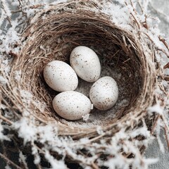 Close up of a bird's nest containing four speckled eggs surrounded by twigs and snow outdoors in winter