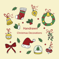Christmas holiday vector icon collection with cute cartoon Santa, snowman, tree, gift, and candy