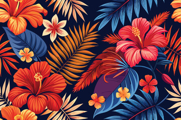 Vibrant tropical floral pattern featuring hibiscus flowers and palm leaves in a rich and saturated color palette