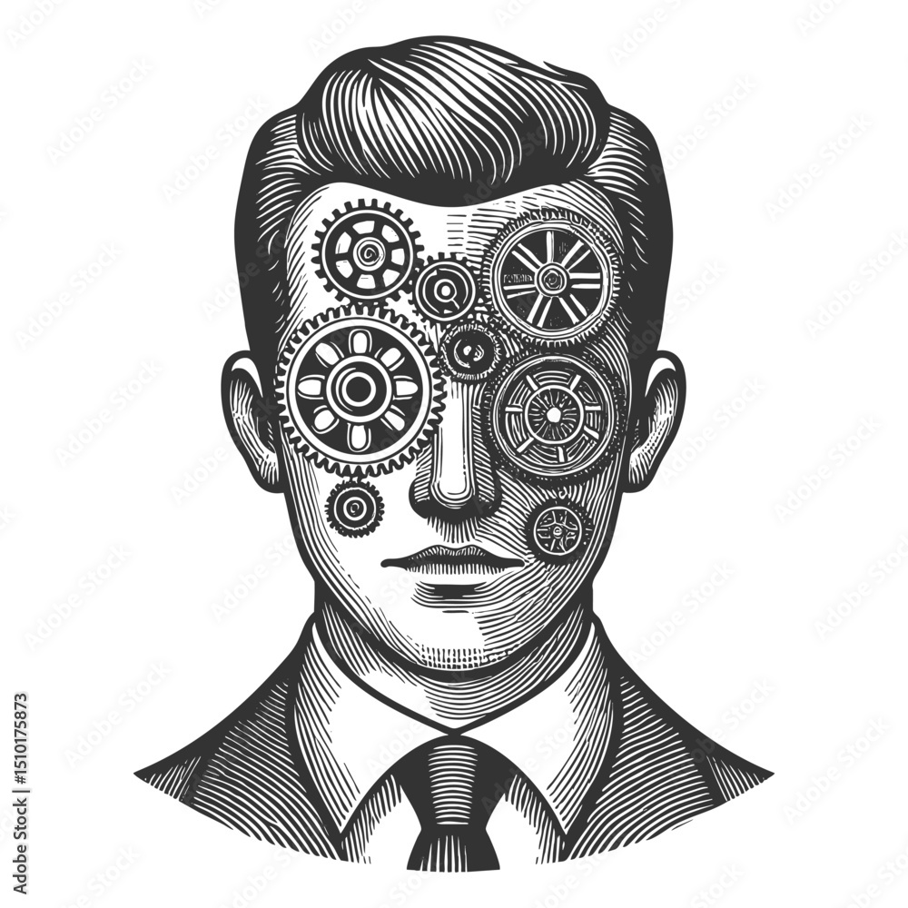 Poster man profile with gears, tools, lightbulb symbolizing innovation and creativity sketch engraving gene