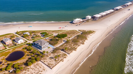 aerial high above folly beach sc, south carolina