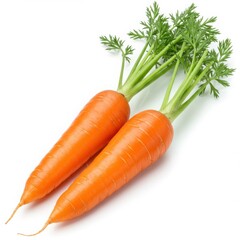 Two vibrant orange carrots with green leafy tops lying on a white background