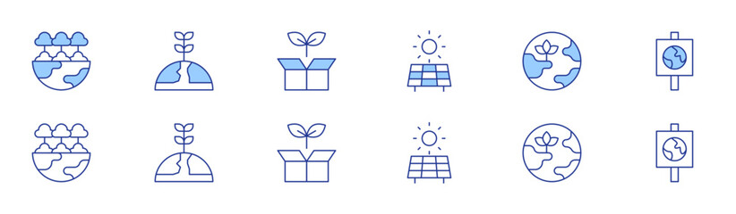 Environment icon set in two styles, Duotone and Thin Line style. Editable stroke. forest, solar panel, ecology, globe, sustainable, environment