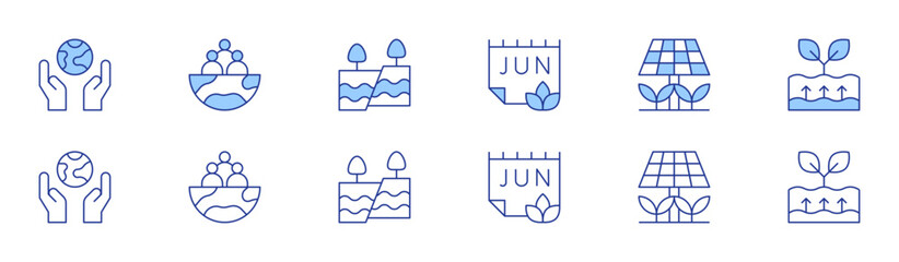 Environment icon set in two styles, Duotone and Thin Line style. Editable stroke. protect, world environment day, community, solar panel, tectonic plates, geothermal energy