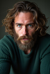 Fototapeta premium Bearded man with long hair in green sweater