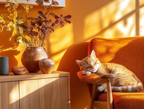 Cozy autumnal home interior with a sleeping ginger cat