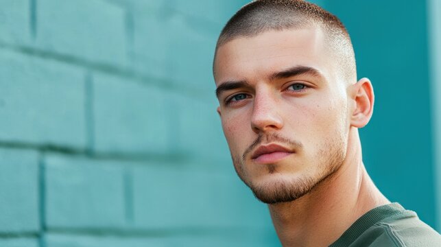 Close-up of man with buzz cut and confident expression