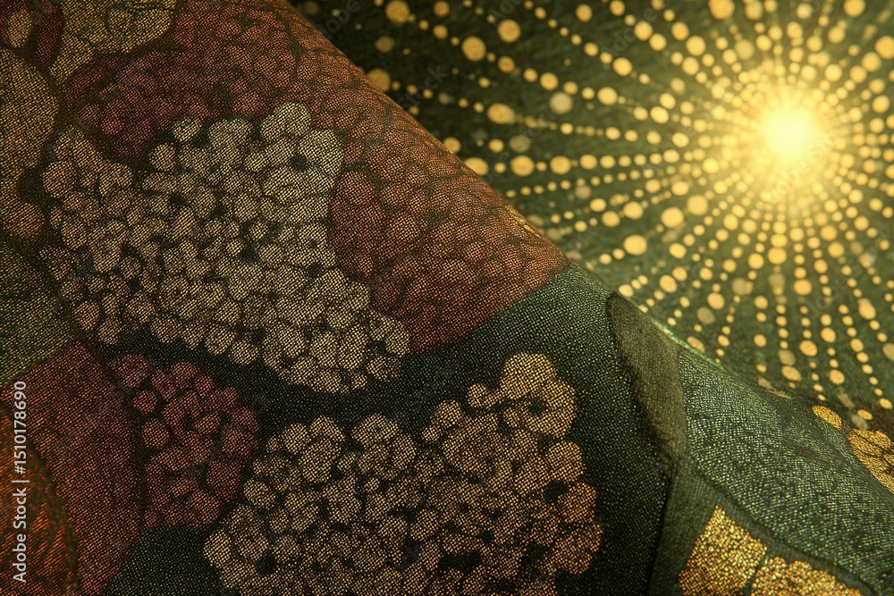 Poster colorful textile design featuring intricate patterns and a radiant light source in the background