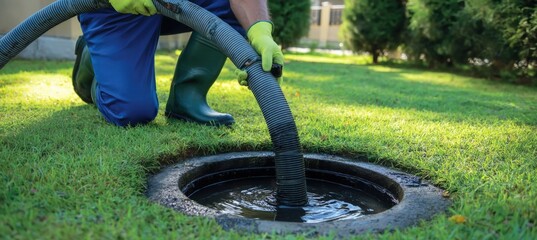A worker uses a hose to clean or pump a residential septic tank in a well-maintained grassy yard.