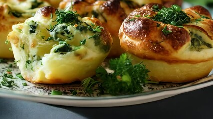 Close-up of small freshly baked savory buns topped with herbs, showcasing golden crusts and a rustic, homemade aesthetic, ideal for bakery themes.
