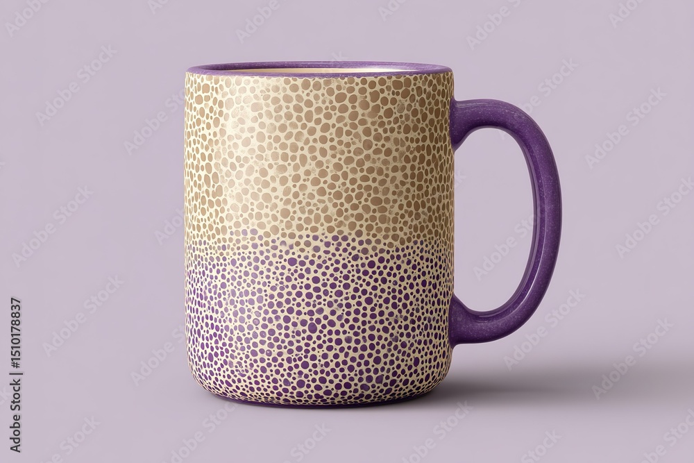 Poster ceramic mug with dotted pattern in earth tones and purple handle displayed against a soft background