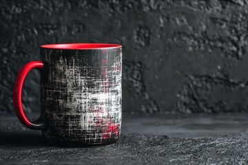 Ceramic mug with a textured black and red design resting on a dark stone surface in a well-lit space