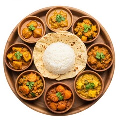 Overhead shot of indian thali with rice roti and various curries in wooden bowls